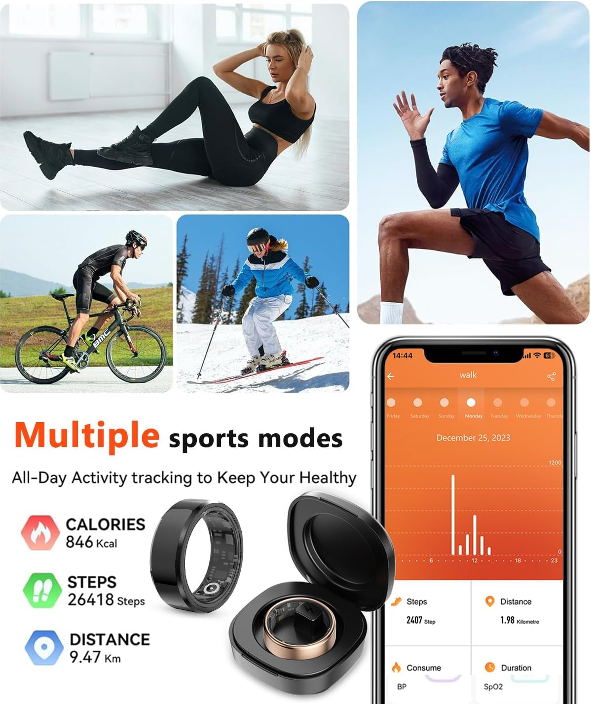 2025 Enhanced Smart Health Tracking Ring for Men and Women - IP68 Waterproof Fitness Device with Sleep Monitoring, Heart Rate, Blood Oxygen, Step Count, Distance, Calorie Tracking, Air Shutter, and 7-Day Charging Case